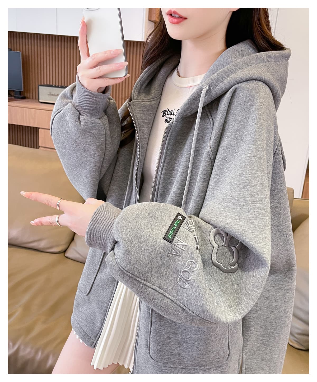 실사 새로운 여성 2026 가을 표지 엉덩이 지퍼 후드 오픈 가디건 자수 얇은 봄 가을 후드티 재킷 상세 이미지 17