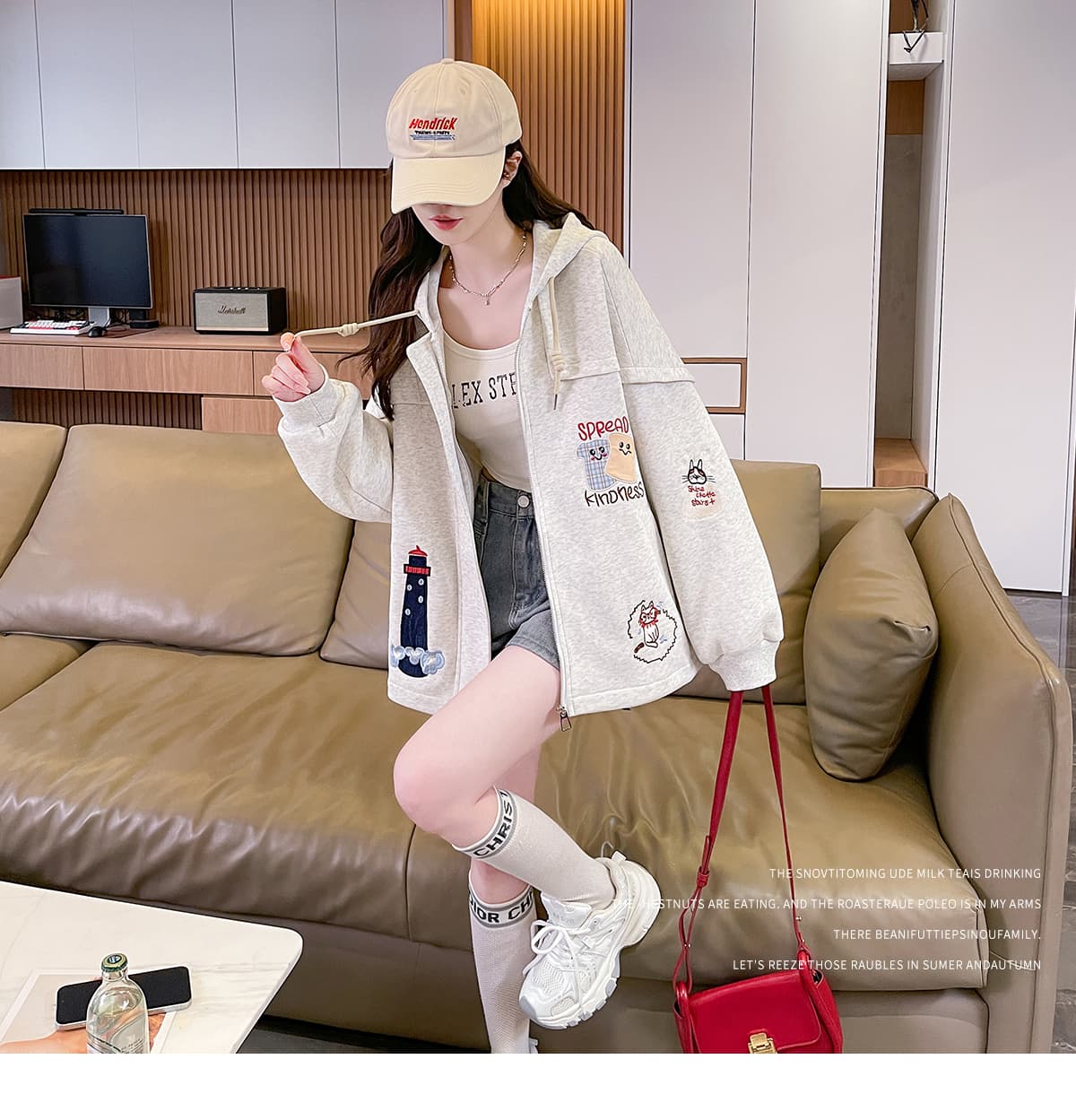실사 한국 스타일 만화 자수 후드 여성 코트 2026 새로운 가을 루즈핏 다용도 지퍼 후드티 상세 이미지 1