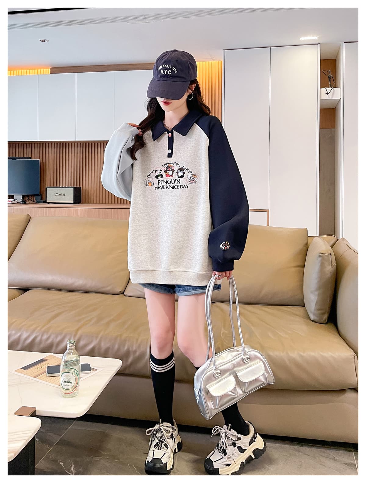 실사 982# 태양 샤오 메이 kids 여성 가을 의상 POLO 칼라 후드티 2026 봄 가을 새로운 가을 겨울 두꺼운 맨위 상세 이미지 10