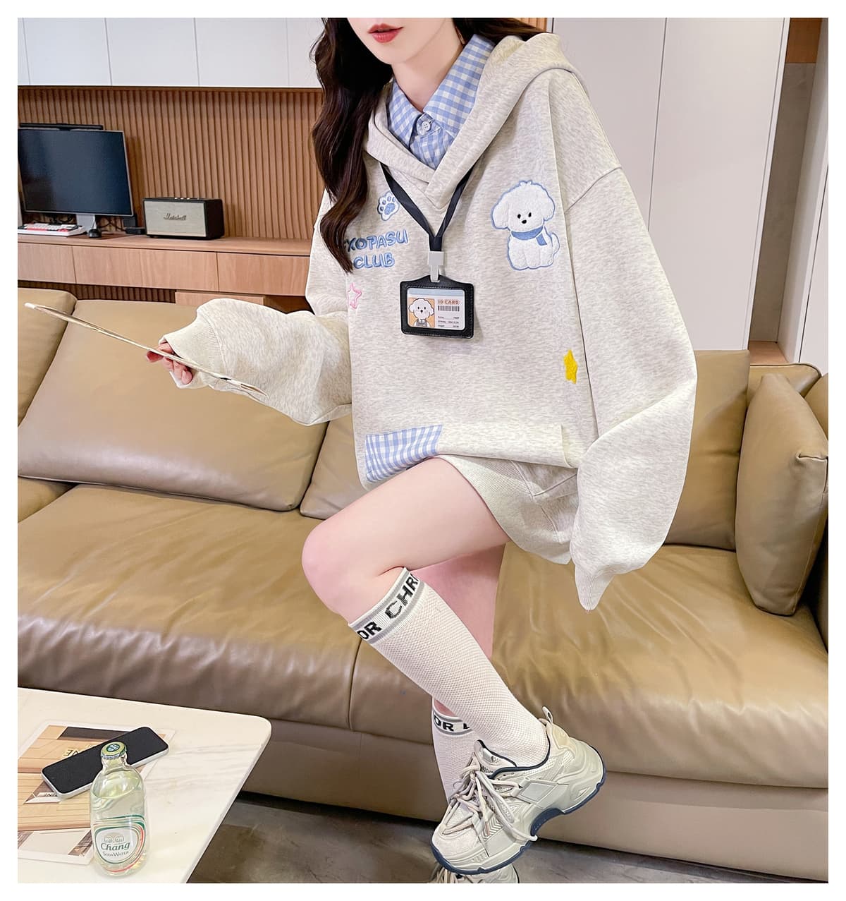 실사 983# 아메리칸 느긋한 체크무늬 패치워크 페이크 레이어드 후드 티 스웨터 여성 루즈핏 한 부서 학원 스타일 재킷 상세 이미지 16