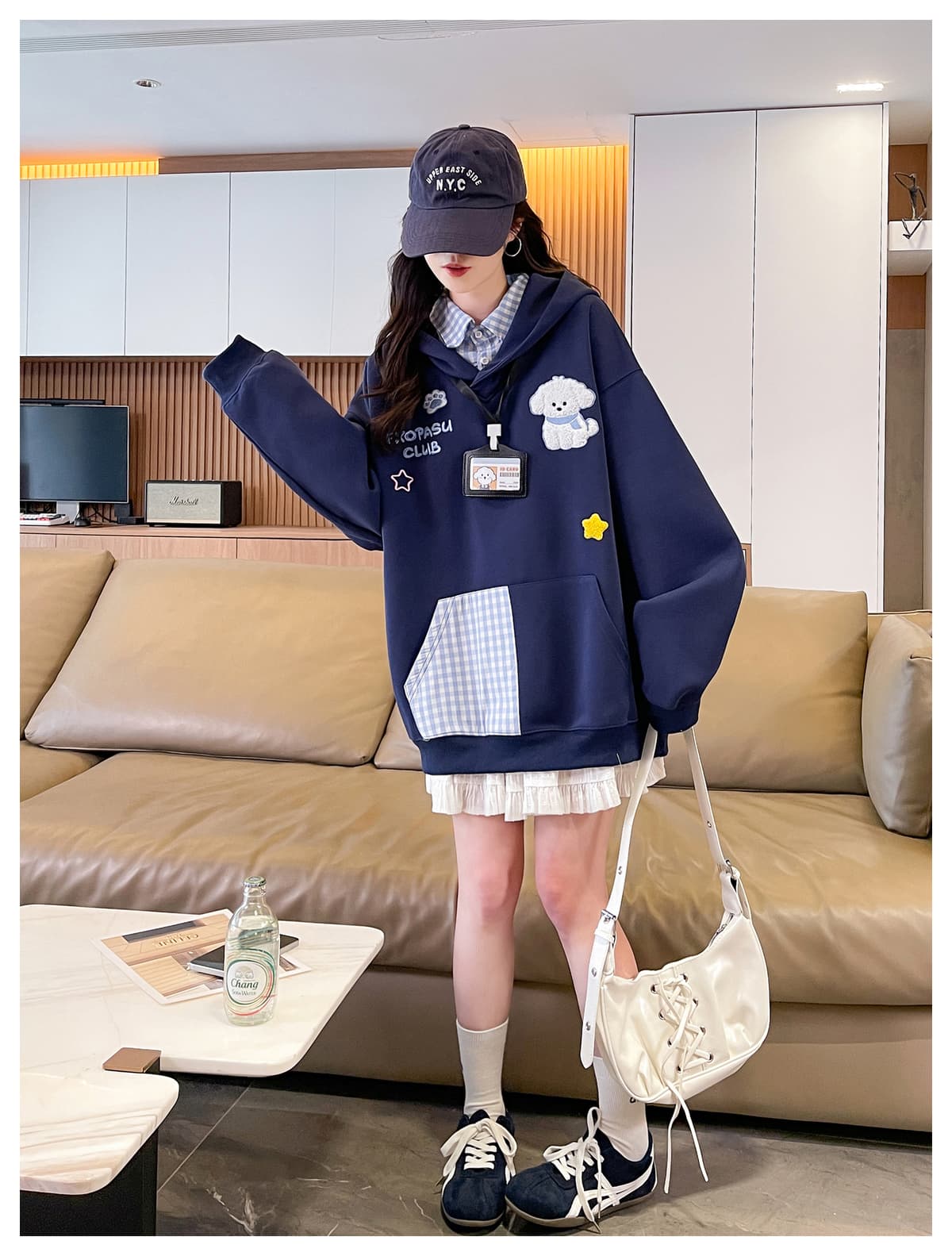 실사 983# 아메리칸 느긋한 체크무늬 패치워크 페이크 레이어드 후드 티 스웨터 여성 루즈핏 한 부서 학원 스타일 재킷 상세 이미지 26