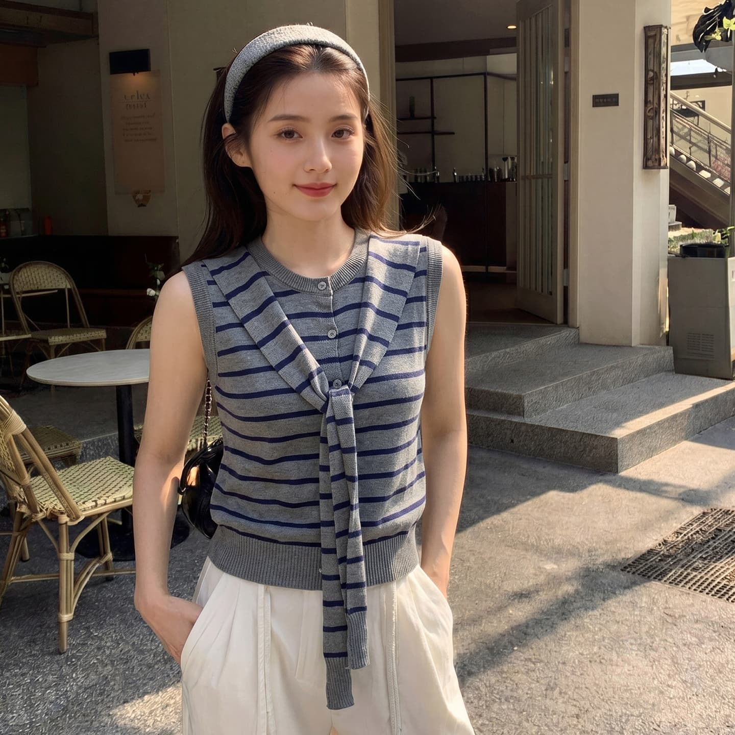 ai 정가 빨간색 스트라이프 페이크 레이어드 숄 어깨 조끼 니트 조끼 여성 봄 루즈핏 민소매 오픈 가디건 이미지 4