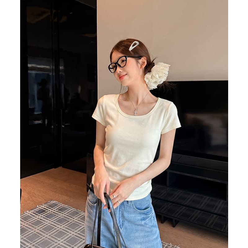 실사 정가 미니멀리즘 품격 회색 광장 칼라 긍정적 인 어깨 반팔 티셔츠 여성 여름 Chic 주름 허리 수축 슬림해 보이는 몸매 가꾸기