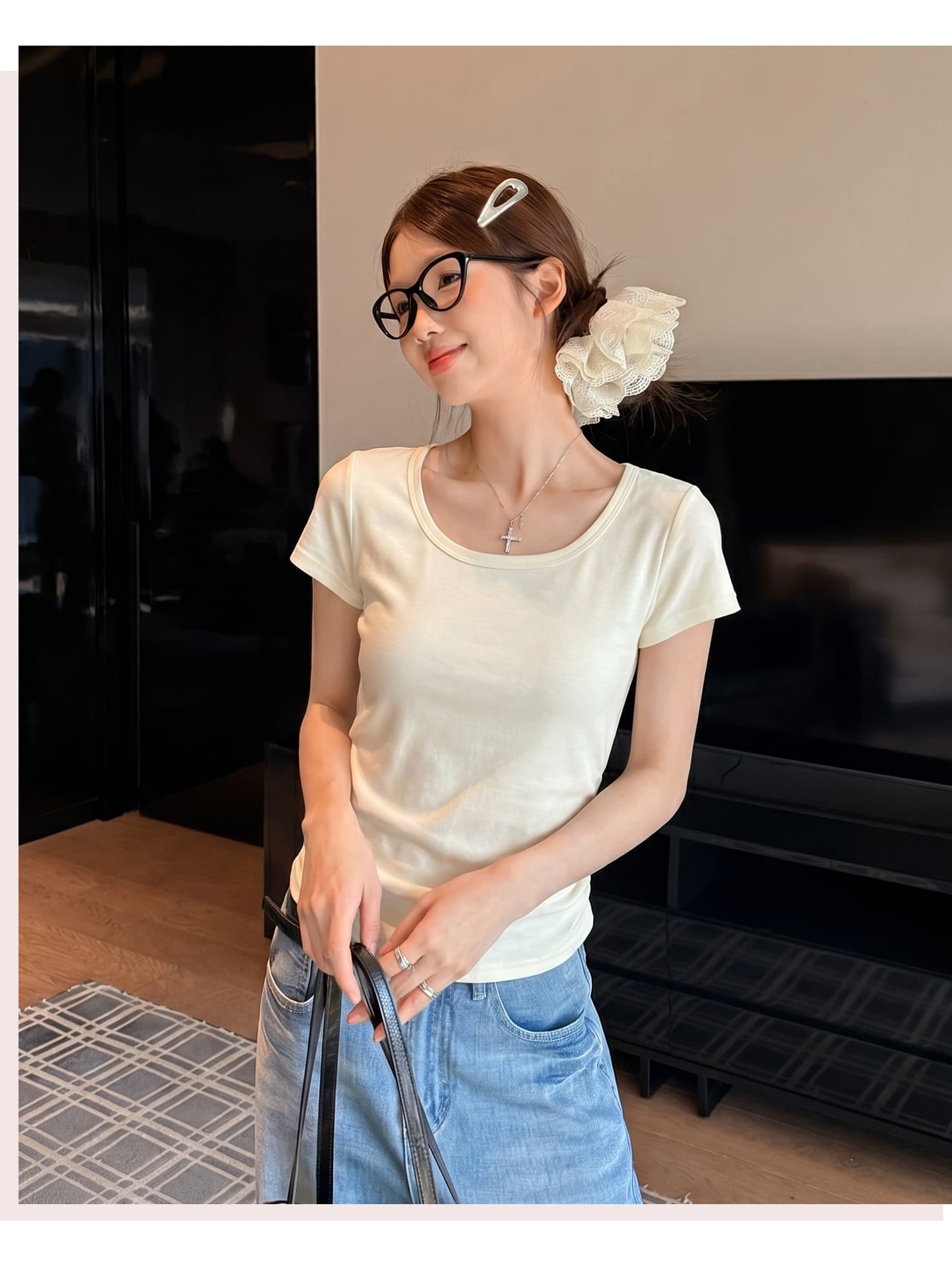 실사 정가 미니멀리즘 품격 회색 광장 칼라 긍정적 인 어깨 반팔 티셔츠 여성 여름 Chic 주름 허리 수축 슬림해 보이는 몸매 가꾸기 상세 이미지 11
