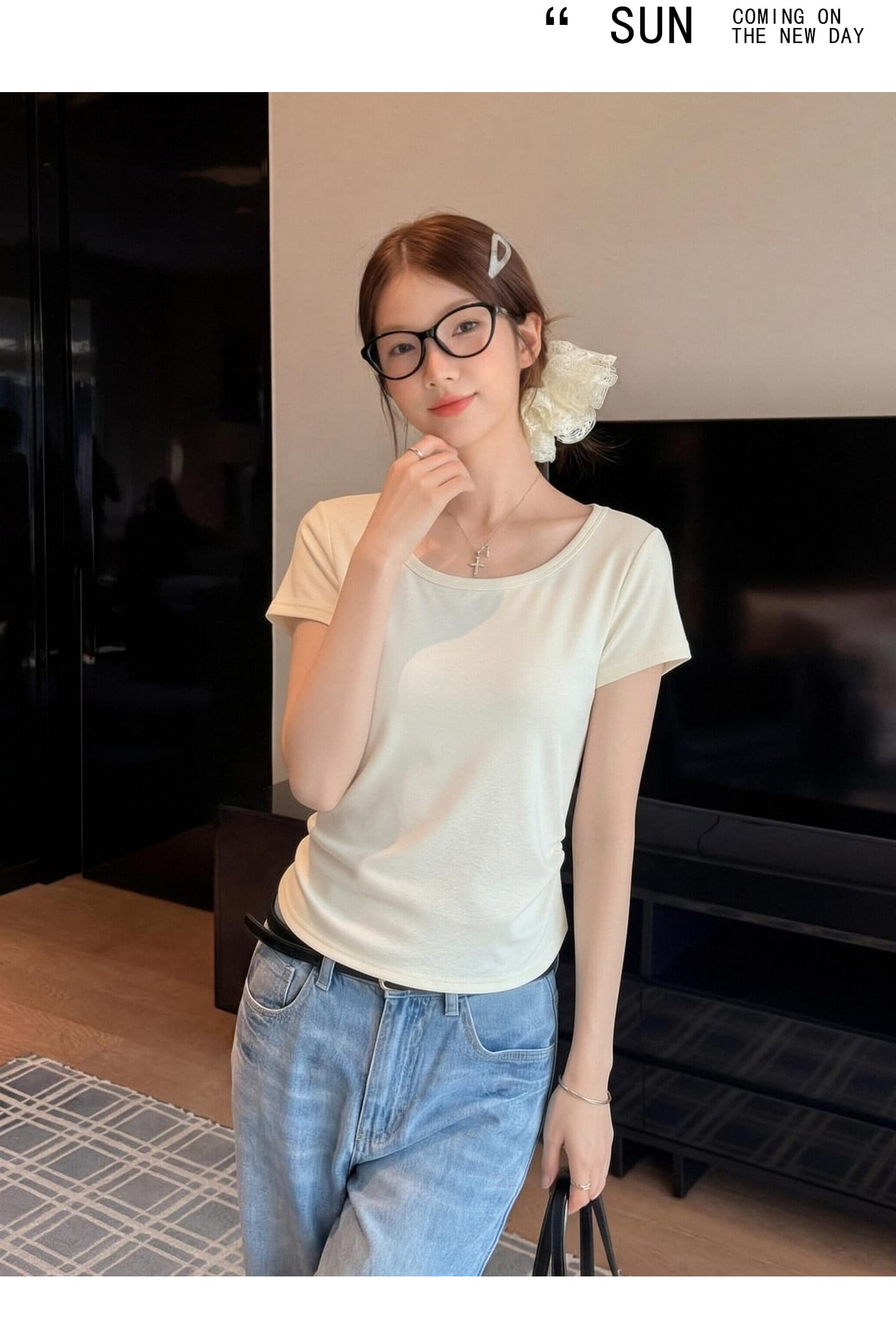 실사 정가 미니멀리즘 품격 회색 광장 칼라 긍정적 인 어깨 반팔 티셔츠 여성 여름 Chic 주름 허리 수축 슬림해 보이는 몸매 가꾸기 상세 이미지 12