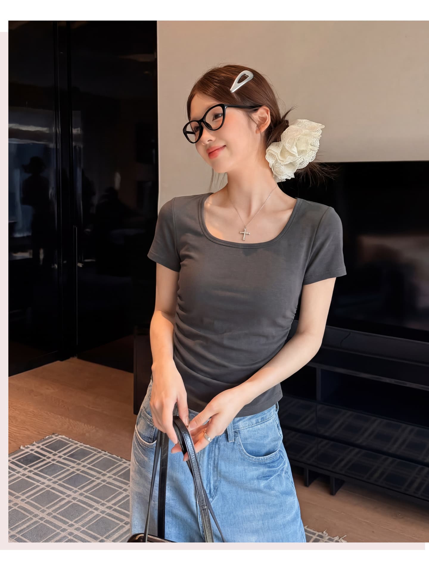 실사 정가 미니멀리즘 품격 회색 광장 칼라 긍정적 인 어깨 반팔 티셔츠 여성 여름 Chic 주름 허리 수축 슬림해 보이는 몸매 가꾸기 상세 이미지 13