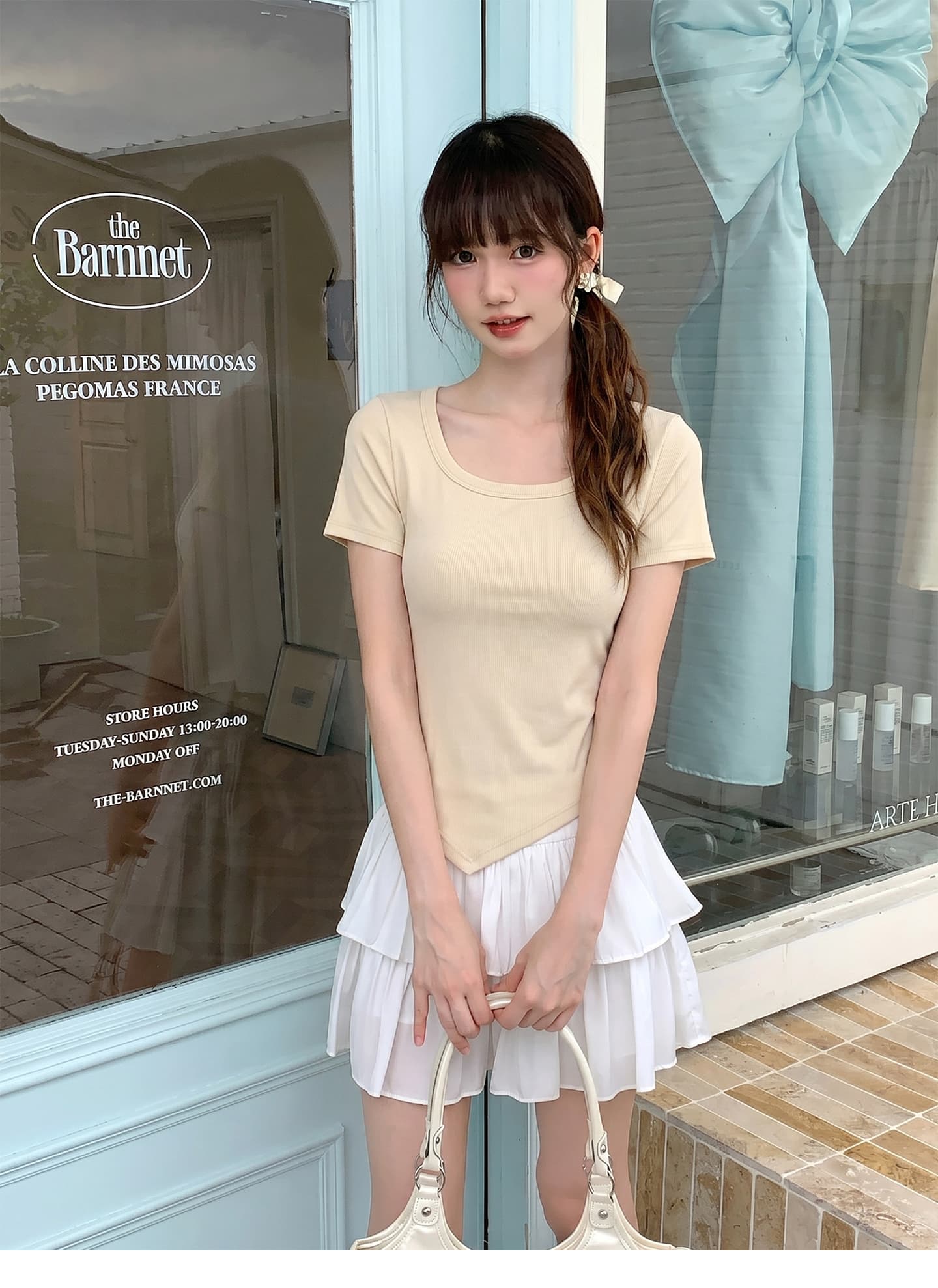 실사 정가 리브 쇄골 광장 칼라 티셔츠 여성용 짧은 소매 여름 새로운 외국 가스 밑단 불규칙 Chic 맨위 상세 이미지 1