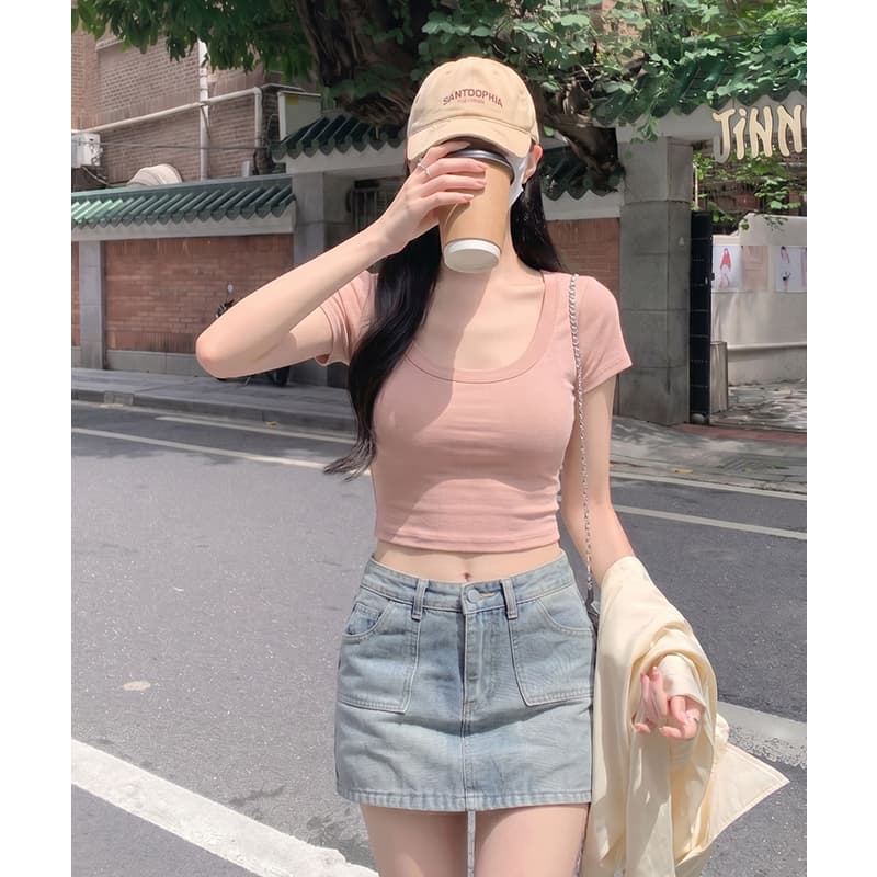 실사 정가 V넥 긍정적 인 어깨 반팔 순면 티셔츠 여름 반소매 티셔츠 핫걸 슬림해 보이는 몸매 가꾸기 이슬 뼈의 쇼트 스타일 이미지 5