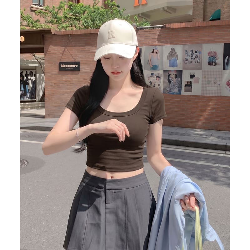 실사 정가 V넥 긍정적 인 어깨 반팔 순면 티셔츠 여름 반소매 티셔츠 핫걸 슬림해 보이는 몸매 가꾸기 이슬 뼈의 쇼트 스타일 이미지 4
