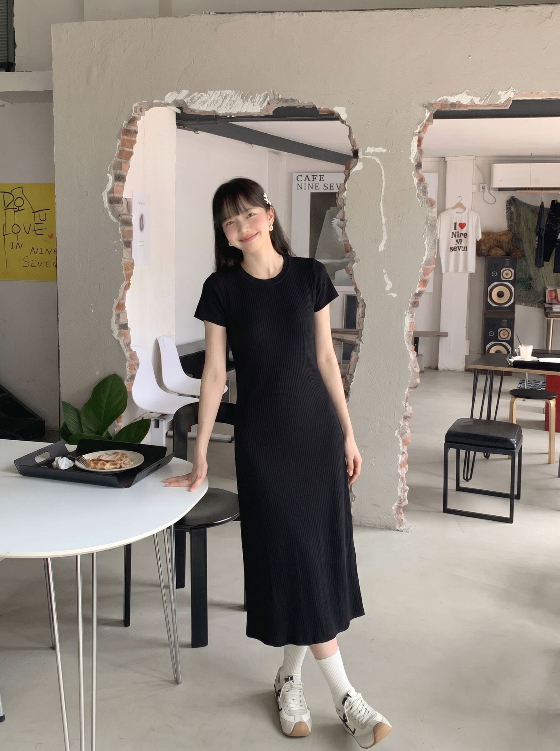 정가 실사 검정색 반팔 티셔츠 여성 드레스 여름 여름 시즌 고급 센스 품격 허리 수축 슬림해 보이는 루즈핏 롱 스커트 상세 이미지 7
