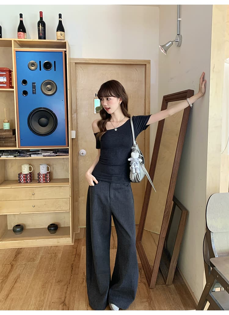 실사 정가 2026 새로운 여름 품격 몸매 가꾸기 핫걸 비스듬한 칼라 비스듬한 어깨 티셔츠 Chic 오프숄더 주름 허리 수축 상세 이미지 36