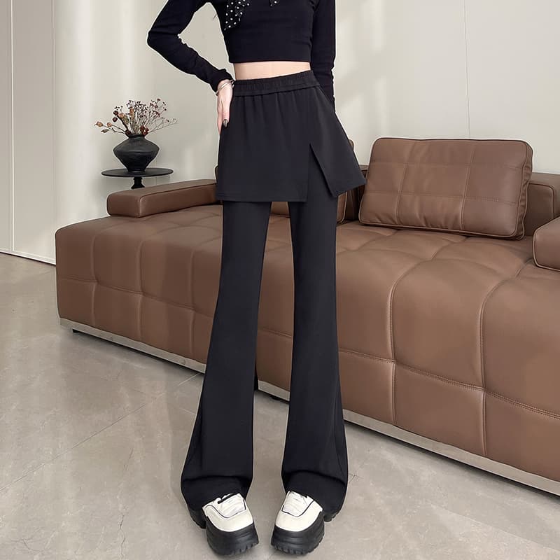 실사 봄 랩스커트팬츠 바지 둘 착용 페이크 레이어드 패치워크 캐주얼 바지 여성 디자인 센스 니트 나팔 바지 긴 바지 이미지 3