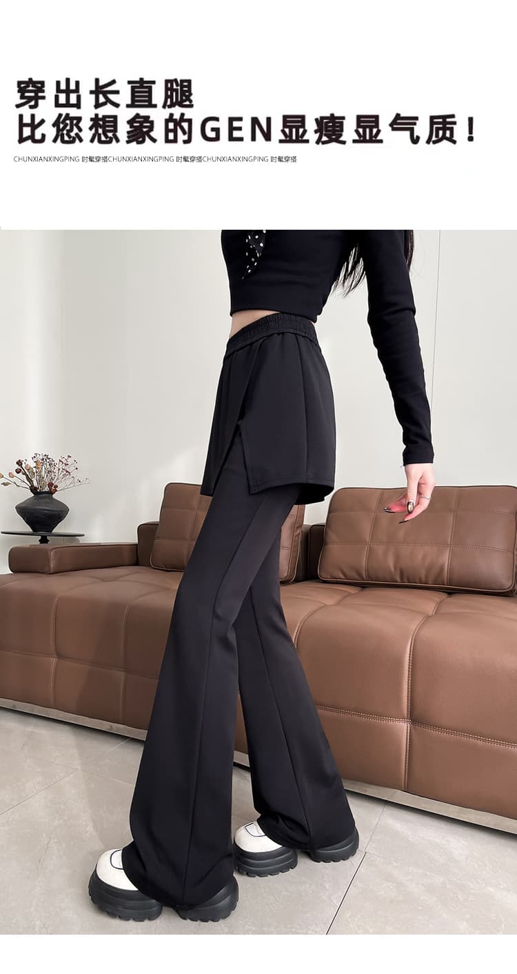 실사 봄 랩스커트팬츠 바지 둘 착용 페이크 레이어드 패치워크 캐주얼 바지 여성 디자인 센스 니트 나팔 바지 긴 바지 상세 이미지 8