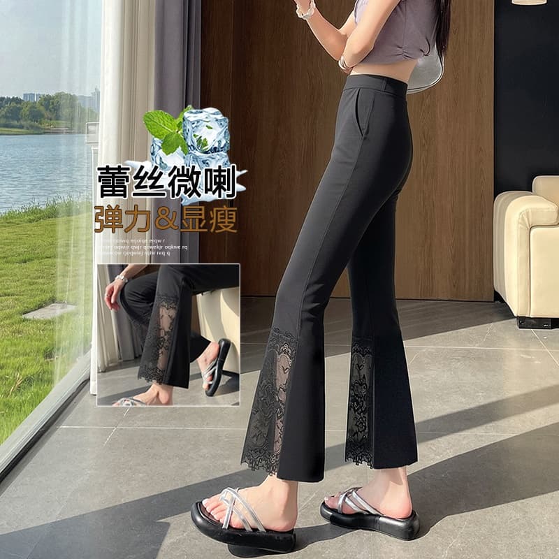 검정색 레이스 레이스 나팔 바지 2026 봄 여름 얇은 스타일 슬림해 보이는 루즈핏 얼음 실크 9 포인트 부츠컷 캐주얼 바지 여성 이미지 2