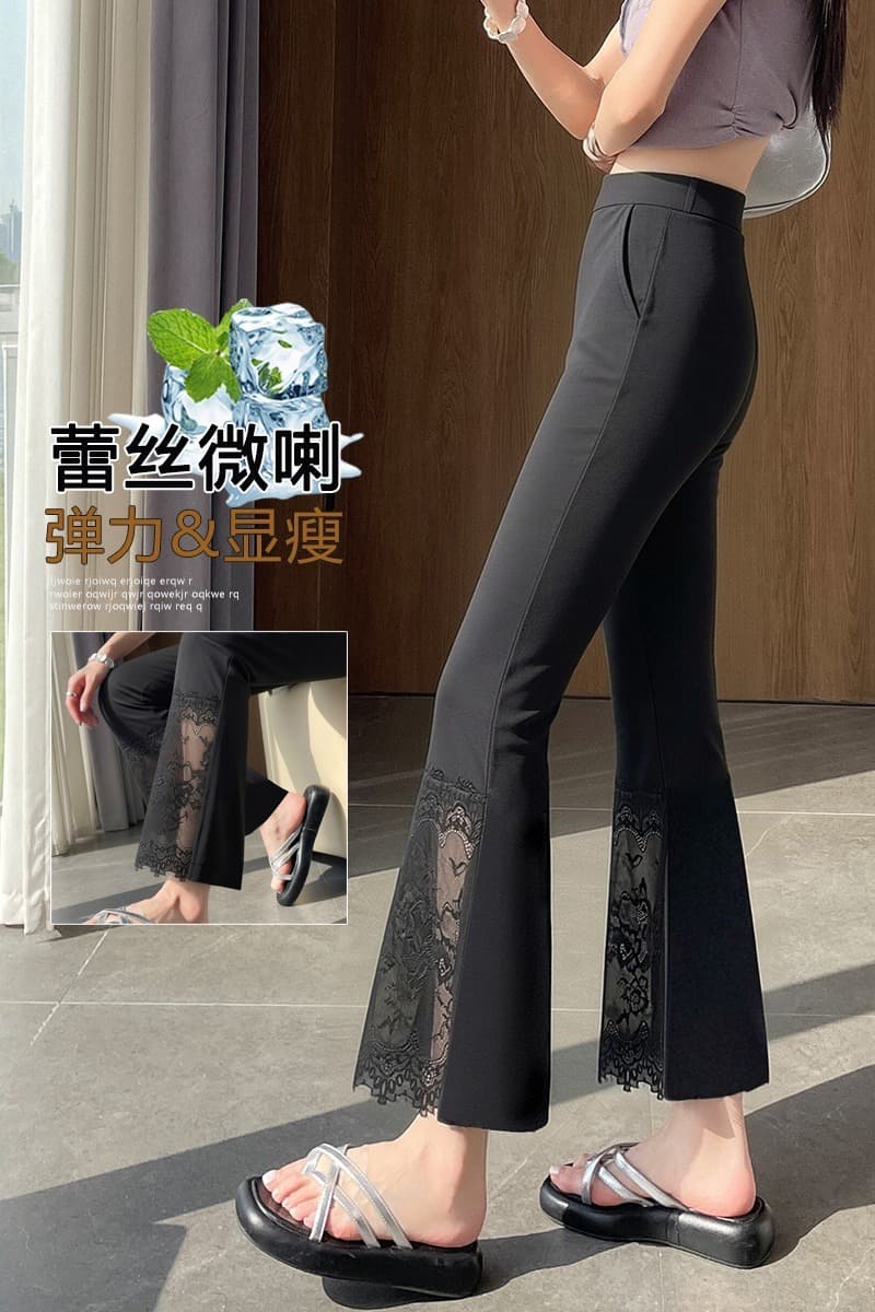 검정색 레이스 레이스 나팔 바지 2026 봄 여름 얇은 스타일 슬림해 보이는 루즈핏 얼음 실크 9 포인트 부츠컷 캐주얼 바지 여성 이미지 7
