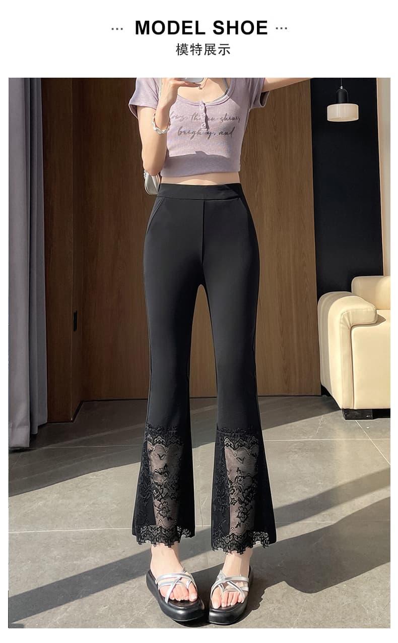 검정색 레이스 레이스 나팔 바지 2026 봄 여름 얇은 스타일 슬림해 보이는 루즈핏 얼음 실크 9 포인트 부츠컷 캐주얼 바지 여성 상세 이미지 23
