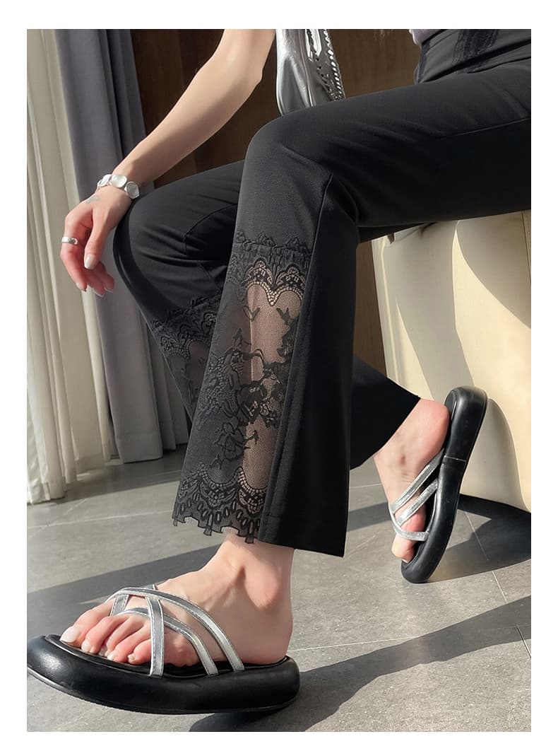 검정색 레이스 레이스 나팔 바지 2026 봄 여름 얇은 스타일 슬림해 보이는 루즈핏 얼음 실크 9 포인트 부츠컷 캐주얼 바지 여성 상세 이미지 25
