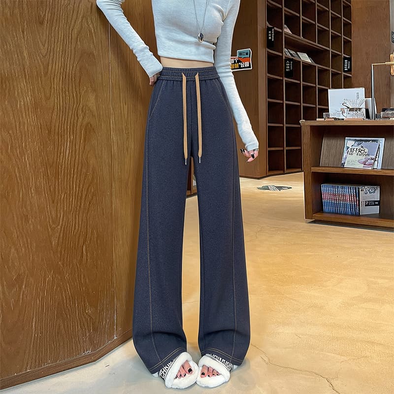 단 닝 진한 파란색 좁은 에디션 넓은 다리 청바지 여성 가을 겨울 새로운 빅 사이즈 하이웨이스트 슬림해 보이는 도루 센스 루즈핏 바닥 청소 긴 바지 이미지 5
