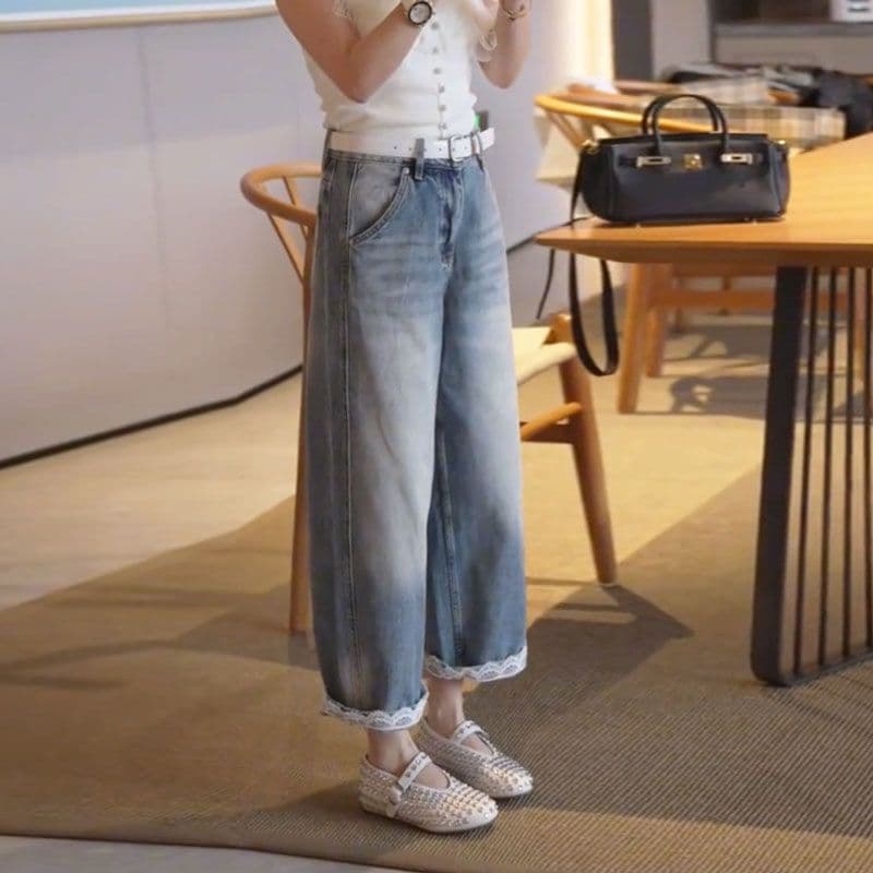 레이스 레이 실크 패치워크 빅 사이즈 청바지 여성 여름 루즈핏 슬림해 보이는 배 종류 몸 하이웨이스트 넓은 다리 9 포인트 바지