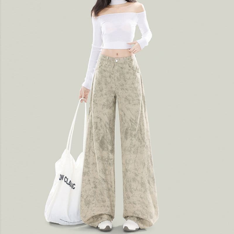 작은 대중 디자인 불모지 바람 홀치기 염색 넓은 다리 청바지 여성 하이웨이스트 빅 사이즈 가을 새로운 슬림해 보이는 스트레이트 와이드 레그 팬츠
