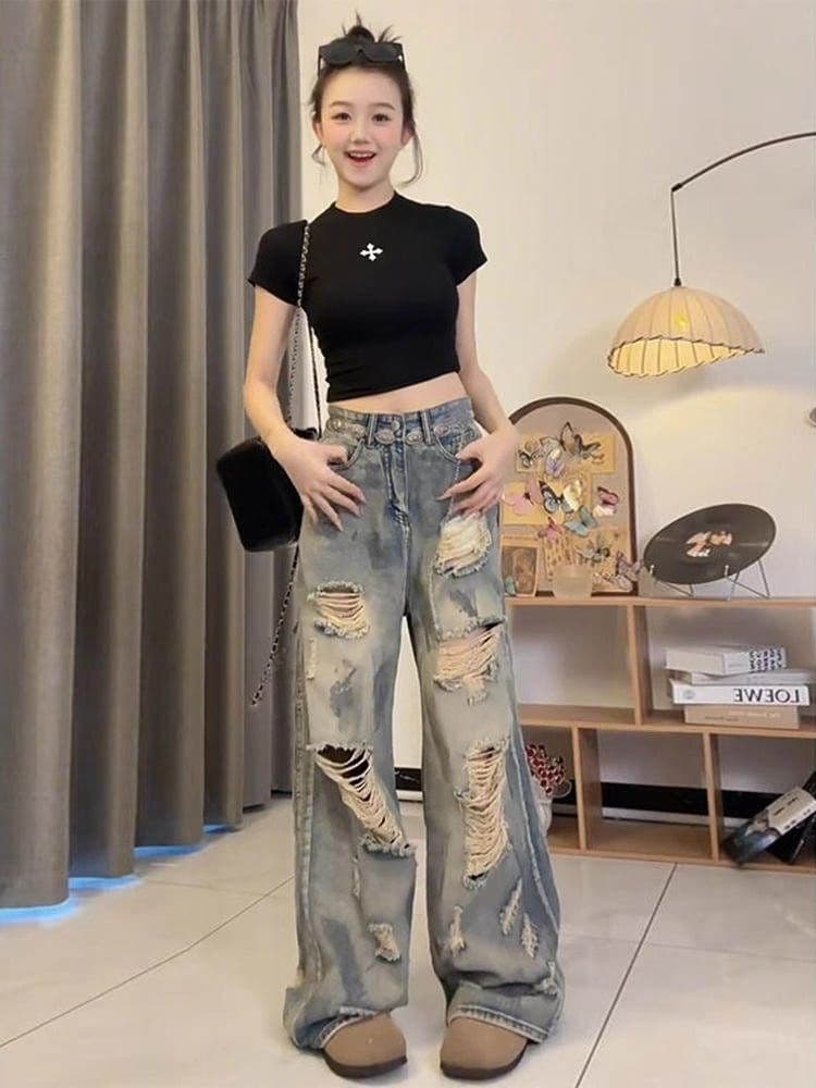 아메리칸 찢어진 부분 청바지 여성 2025 여름 얇은 스타일 루즈핏 디자인 센스 와이드 레그 팬츠 캐주얼 슬림해 보이는 바닥 청소 긴 바지 상세 이미지 3