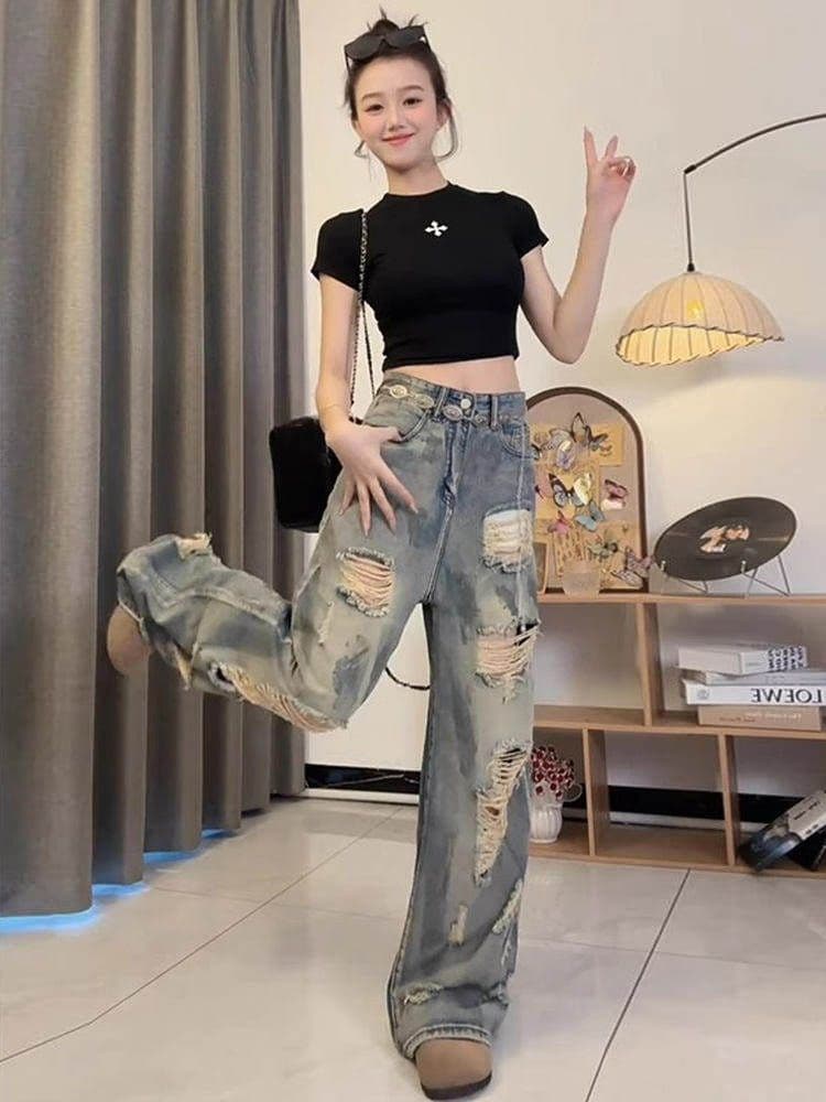 아메리칸 찢어진 부분 청바지 여성 2025 여름 얇은 스타일 루즈핏 디자인 센스 와이드 레그 팬츠 캐주얼 슬림해 보이는 바닥 청소 긴 바지 상세 이미지 4