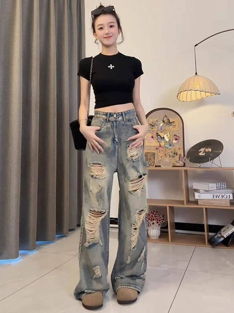 아메리칸 찢어진 부분 청바지 여성 2025 여름 얇은 스타일 루즈핏 디자인 센스 와이드 레그 팬츠 캐주얼 슬림해 보이는 바닥 청소 긴 바지 상세 이미지 6