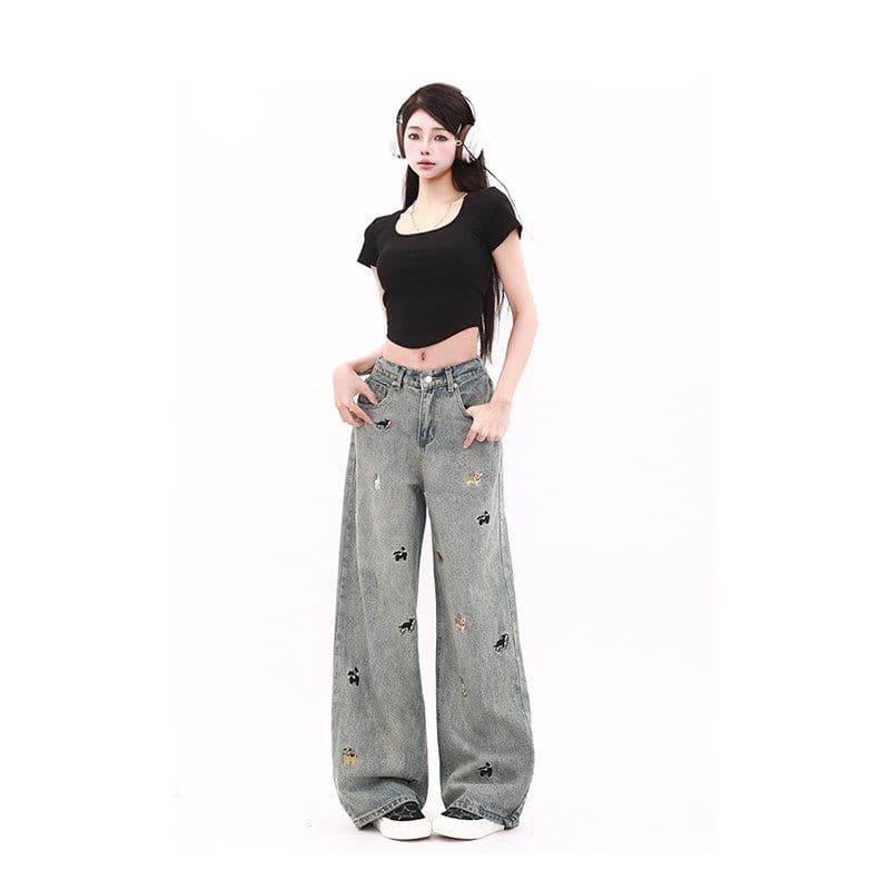 빅 사이즈 지방 mm 아메리칸 높음 거리 강아지 자수 스트레이트 청바지 여성 디자인 센스 넓은 다리 바닥 청소 바지 이미지 4
