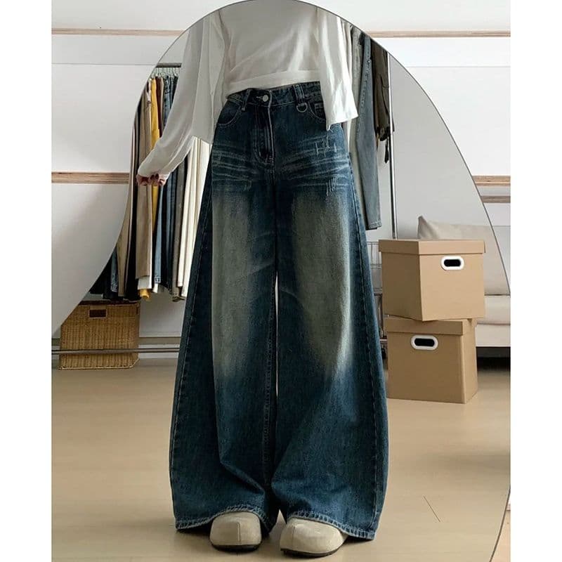 개성 디자인 센스 ins 다용도 넓은 다리 청바지 여성 봄 가을 새로운 루즈핏 도루 센스 패션 바닥 청소 청바지