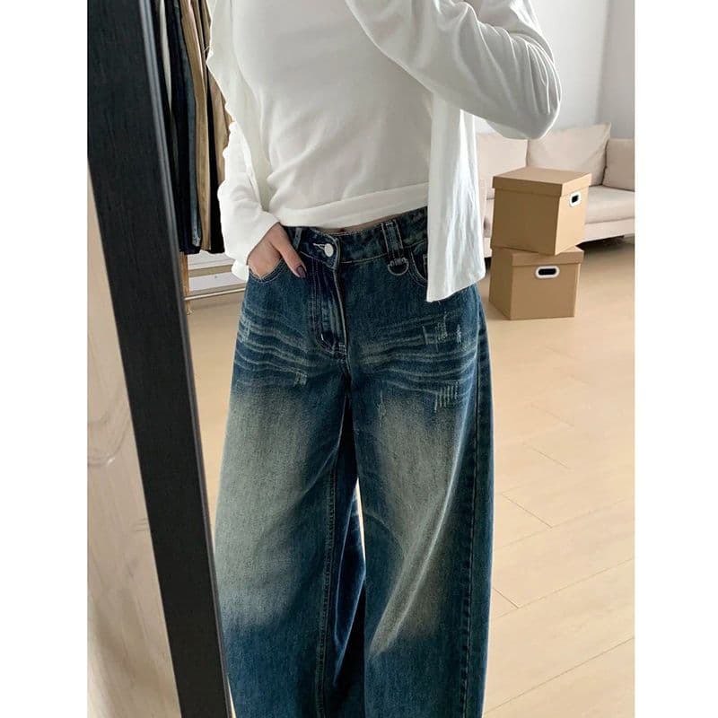 개성 디자인 센스 ins 다용도 넓은 다리 청바지 여성 봄 가을 새로운 루즈핏 도루 센스 패션 바닥 청소 청바지 이미지 4