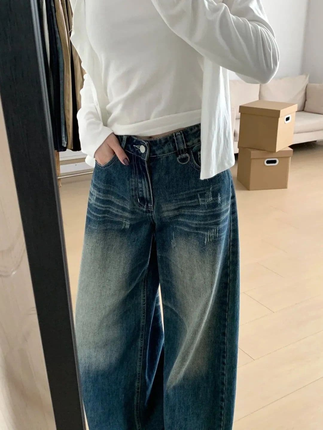 개성 디자인 센스 ins 다용도 넓은 다리 청바지 여성 봄 가을 새로운 루즈핏 도루 센스 패션 바닥 청소 청바지 상세 이미지 2