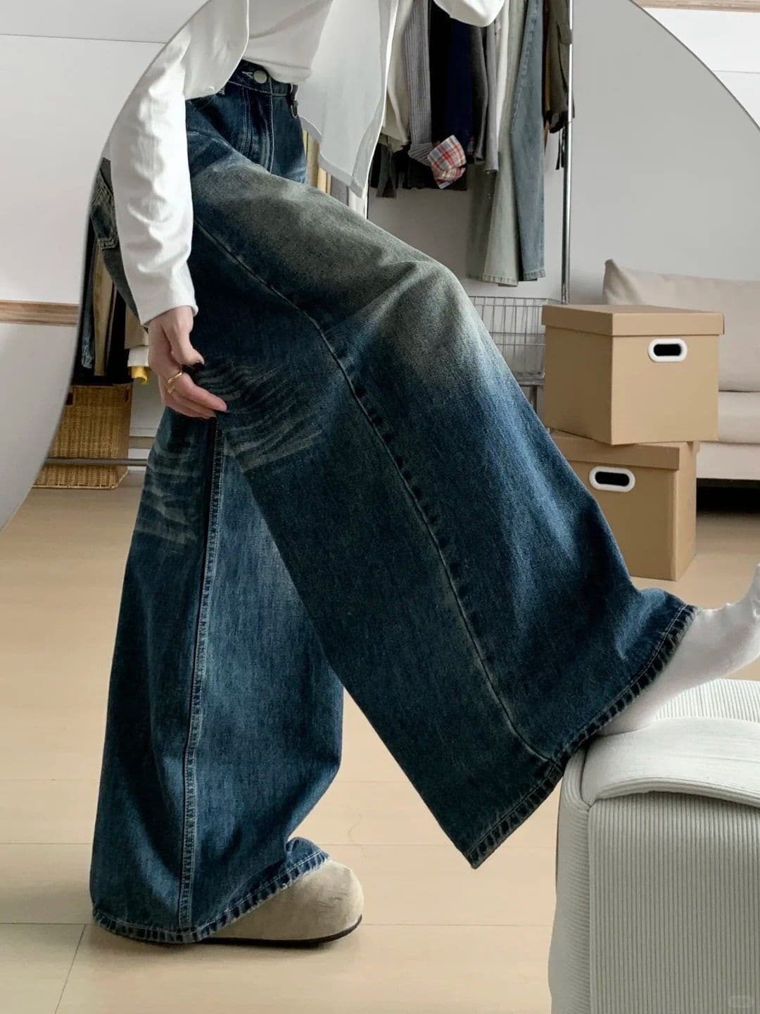 개성 디자인 센스 ins 다용도 넓은 다리 청바지 여성 봄 가을 새로운 루즈핏 도루 센스 패션 바닥 청소 청바지 상세 이미지 3