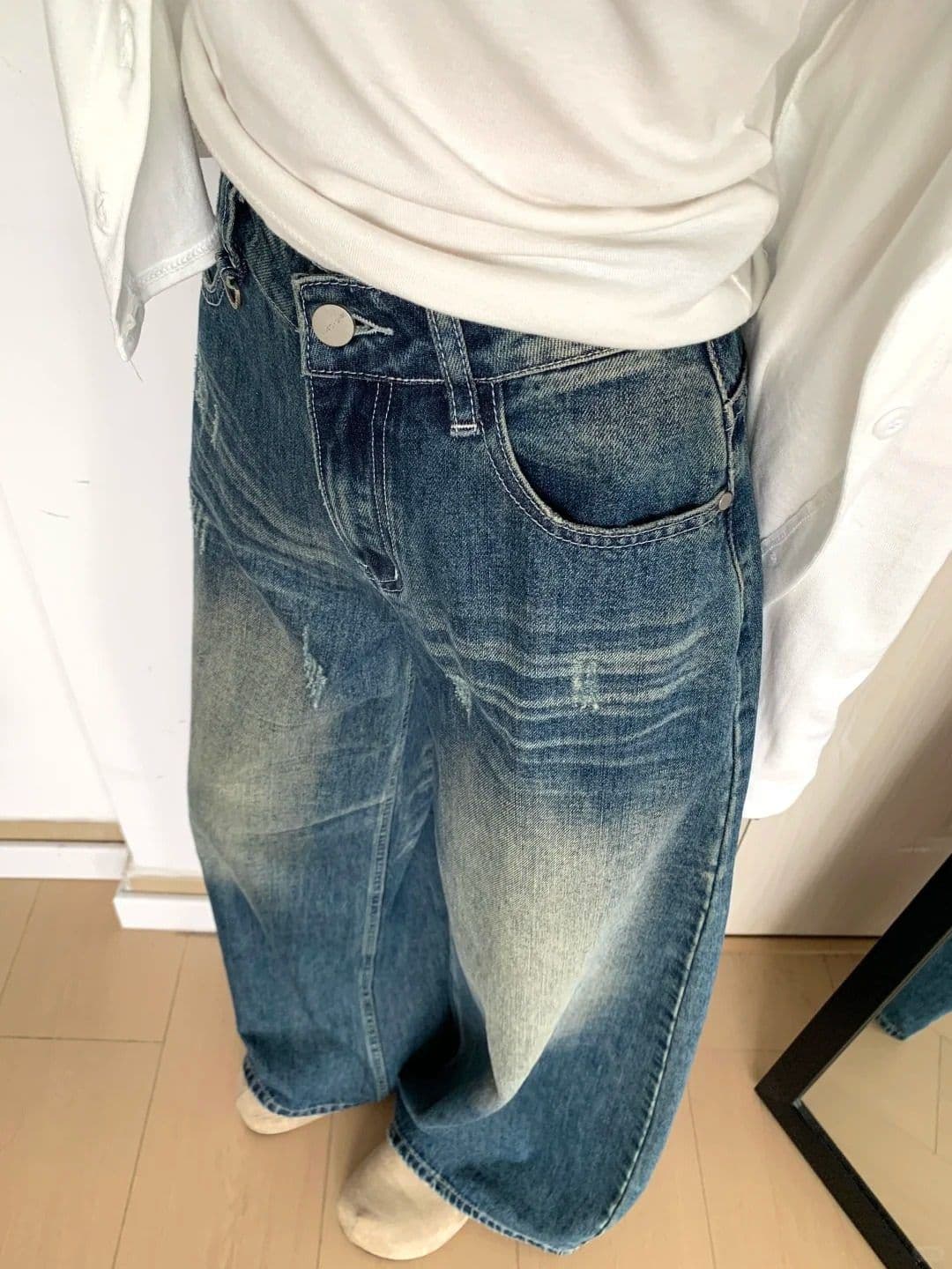개성 디자인 센스 ins 다용도 넓은 다리 청바지 여성 봄 가을 새로운 루즈핏 도루 센스 패션 바닥 청소 청바지 상세 이미지 7