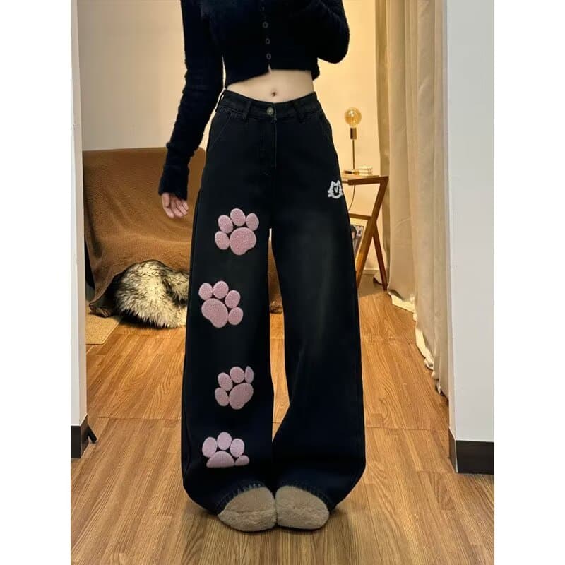 여성 의류 지방 mm 달콤함 귀여운 고양이 발톱 자수 청바지 여성 빅 사이즈 하이웨이스트 루즈핏 넓은 다리 바닥 청소 바지 상세 이미지 3