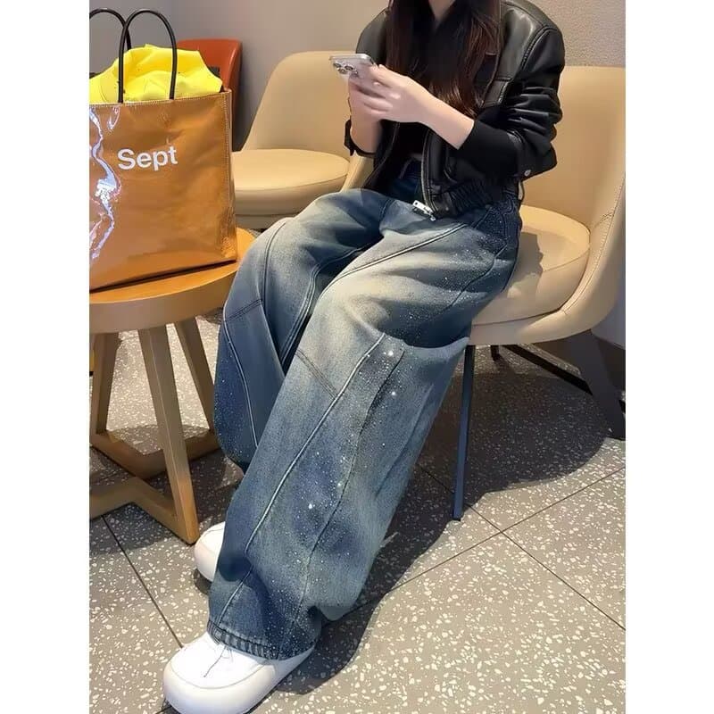 아메리칸 레트로 2026 봄 새로운 올해 인기 폭발 하이웨이스트 루즈핏 워시 물 모통이 칼 넓은 다리 플래시 훈련 청바지 이미지 5