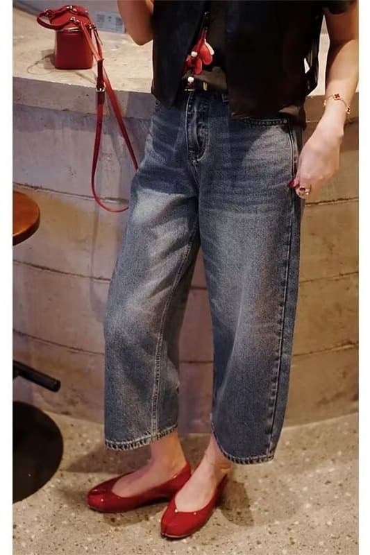 아메리칸 워싱 주머니 자수 모통이 칼 청바지 여성 가을 레트로 하이웨이스트 루즈핏 슬림해 보이는 넓은 다리 바닥 청소 바지 상세 이미지 22