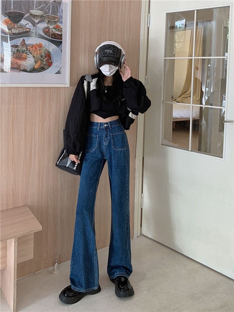 한국 스타일 디자인 센스 레트로 다용도 부츠컷 청바지 여성 패션 하이웨이스트 스트레이트 루즈핏 슬림해 보이는 바닥 청소 나팔 바지 상세 이미지 16