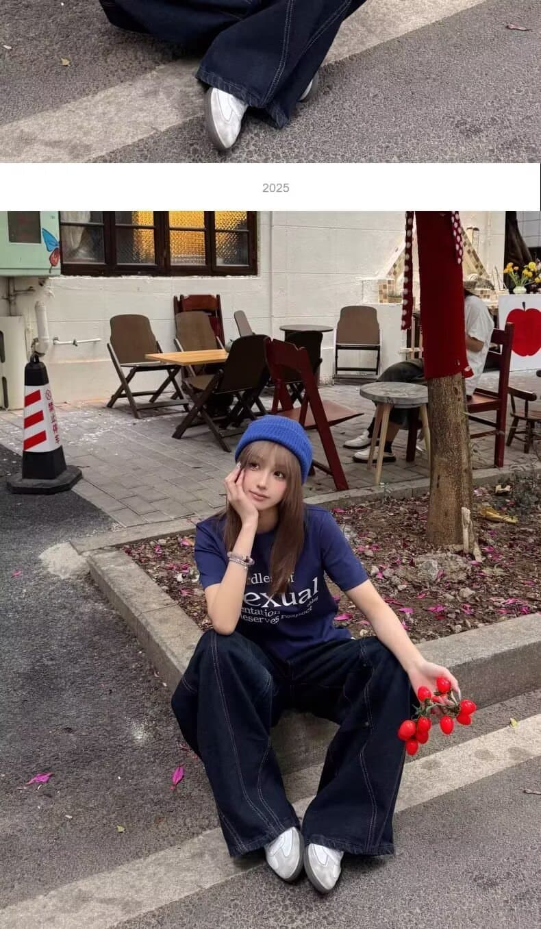 아메리칸 레트로 패치워크 해체 시리즈 명시적 스티치 모통이 칼 프로필 모양 검정색 청바지 루즈핏 디자인 센스 와이드 레그 팬츠 어린이 상세 이미지 11