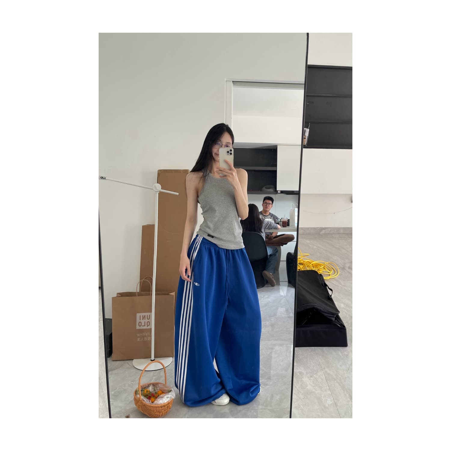 여름 도루 센스 실크 미끄러짐 측면 네 바 아메리칸 레트로 와이드 레그 팬츠 허리밴드 펌프 로프 루즈핏 운동 긴 바지 상세 이미지 8