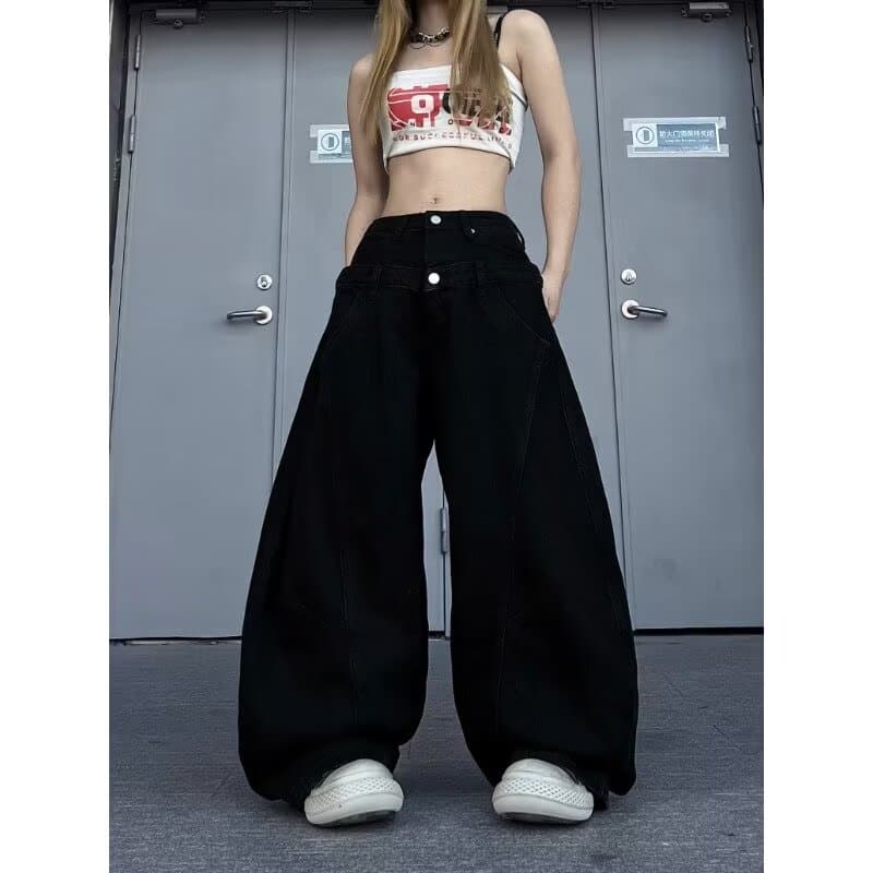 아메리칸 레트로 더블 허리 머리 워싱 모통이 칼 청바지 여성 봄 루즈핏 넓은 다리 도루 가을 센스 프로필 모양 스트레이트 팬츠 상세 이미지 3