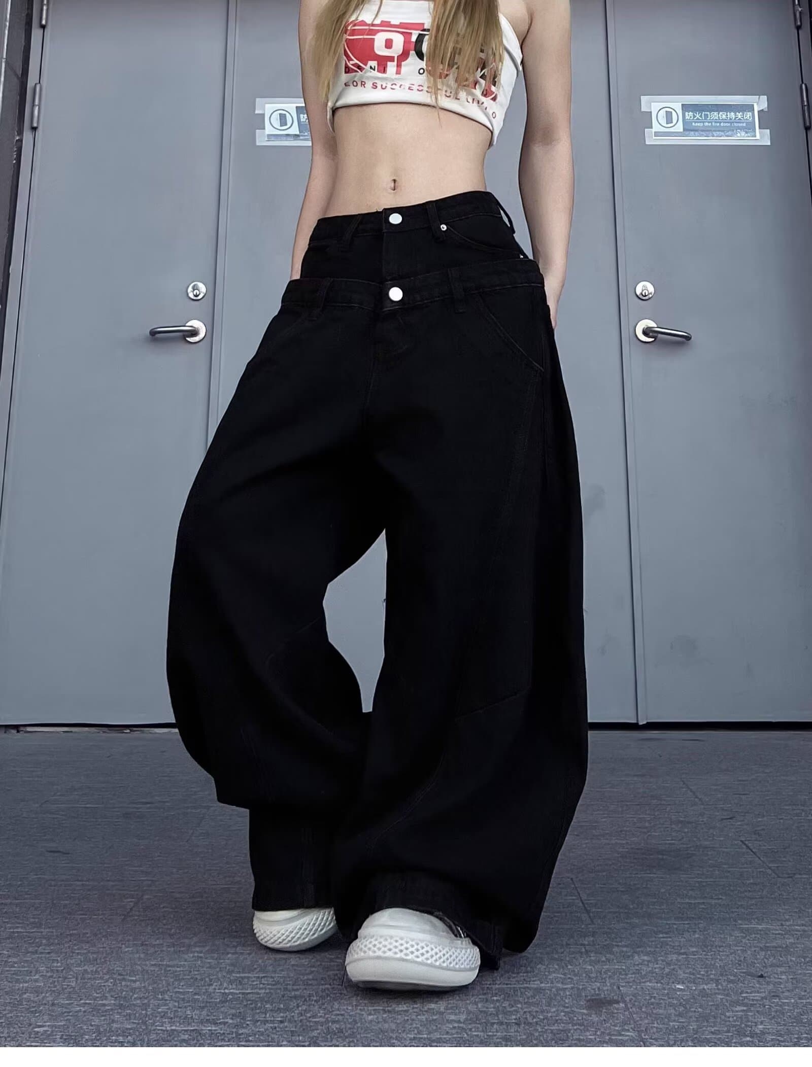 아메리칸 레트로 더블 허리 머리 워싱 모통이 칼 청바지 여성 봄 루즈핏 넓은 다리 도루 가을 센스 프로필 모양 스트레이트 팬츠 상세 이미지 13