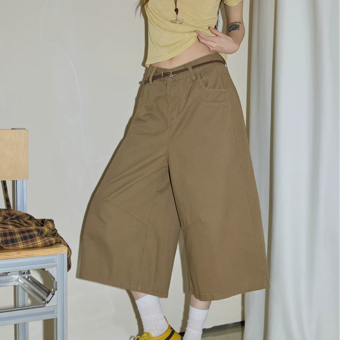 카키 색 기타 주머니 야외 7 점 청바지 남녀 같은 단락 루즈핏 스트레이트 넓은 다리 캐주얼 워크웨어 5 점 바지 상세 이미지 36