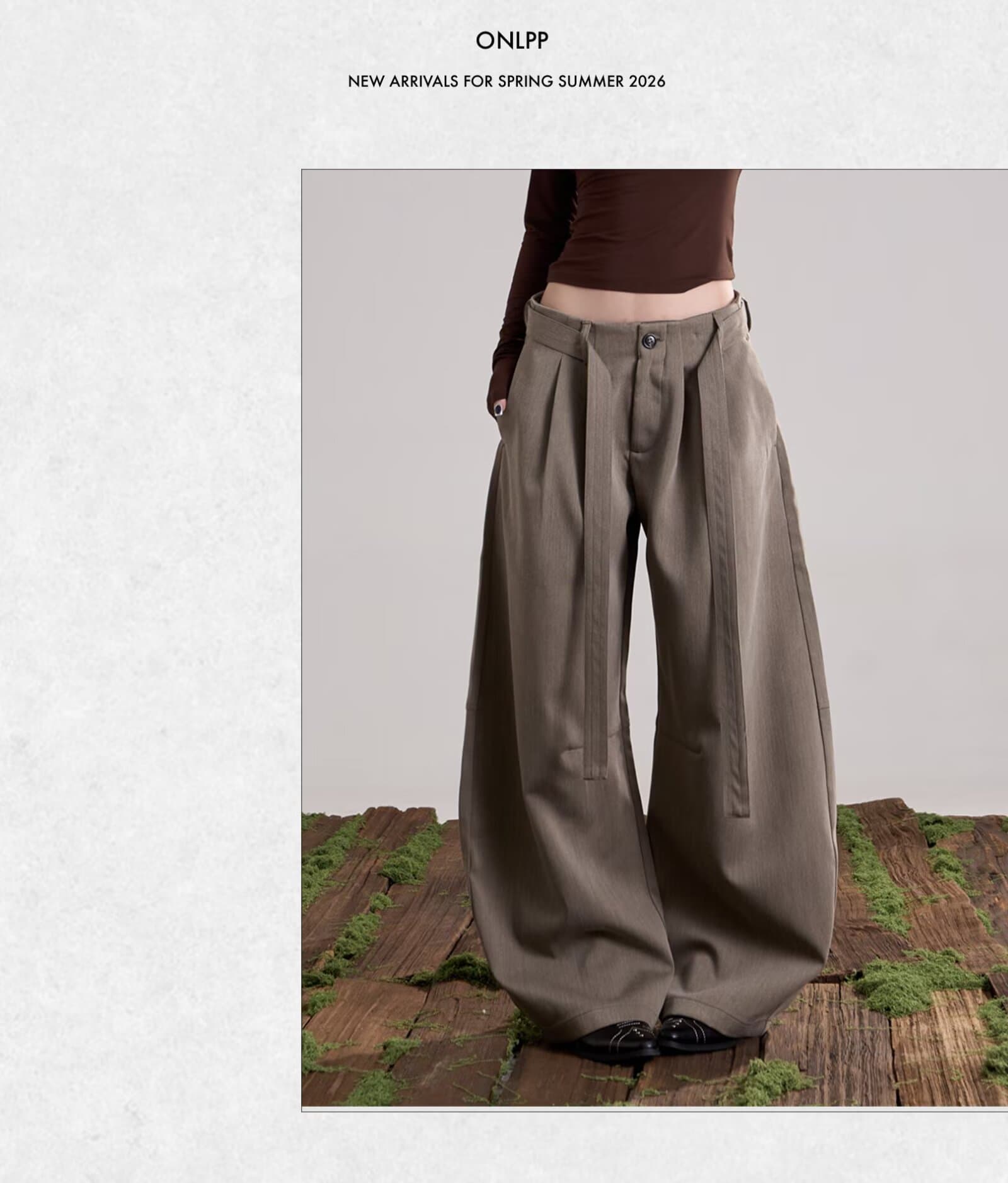 아메리칸 레트로 명중 Pleat 벨트 루즈핏 넓은 다리 모통이 칼 캐주얼 바지 여성 출퇴근 슬림해 보이는 다용도 스트레이트 도루 센스 바지 상세 이미지 7