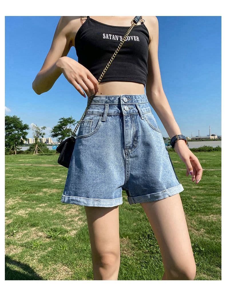 한국 스타일 빅 사이즈 볼륨 측면 더블 버클 데님 반바지 여성 여름 새로운 하이웨이스트 루즈핏 스트레이트 슬림해 보이는 넓은 다리 핫 바지 상세 이미지 11