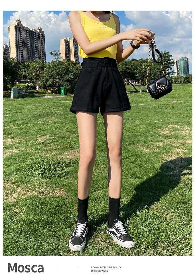 한국 스타일 빅 사이즈 볼륨 측면 더블 버클 데님 반바지 여성 여름 새로운 하이웨이스트 루즈핏 스트레이트 슬림해 보이는 넓은 다리 핫 바지 상세 이미지 12