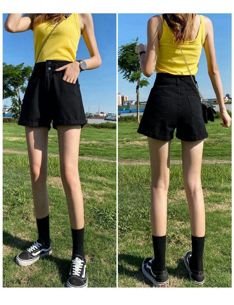 한국 스타일 빅 사이즈 볼륨 측면 더블 버클 데님 반바지 여성 여름 새로운 하이웨이스트 루즈핏 스트레이트 슬림해 보이는 넓은 다리 핫 바지 상세 이미지 15