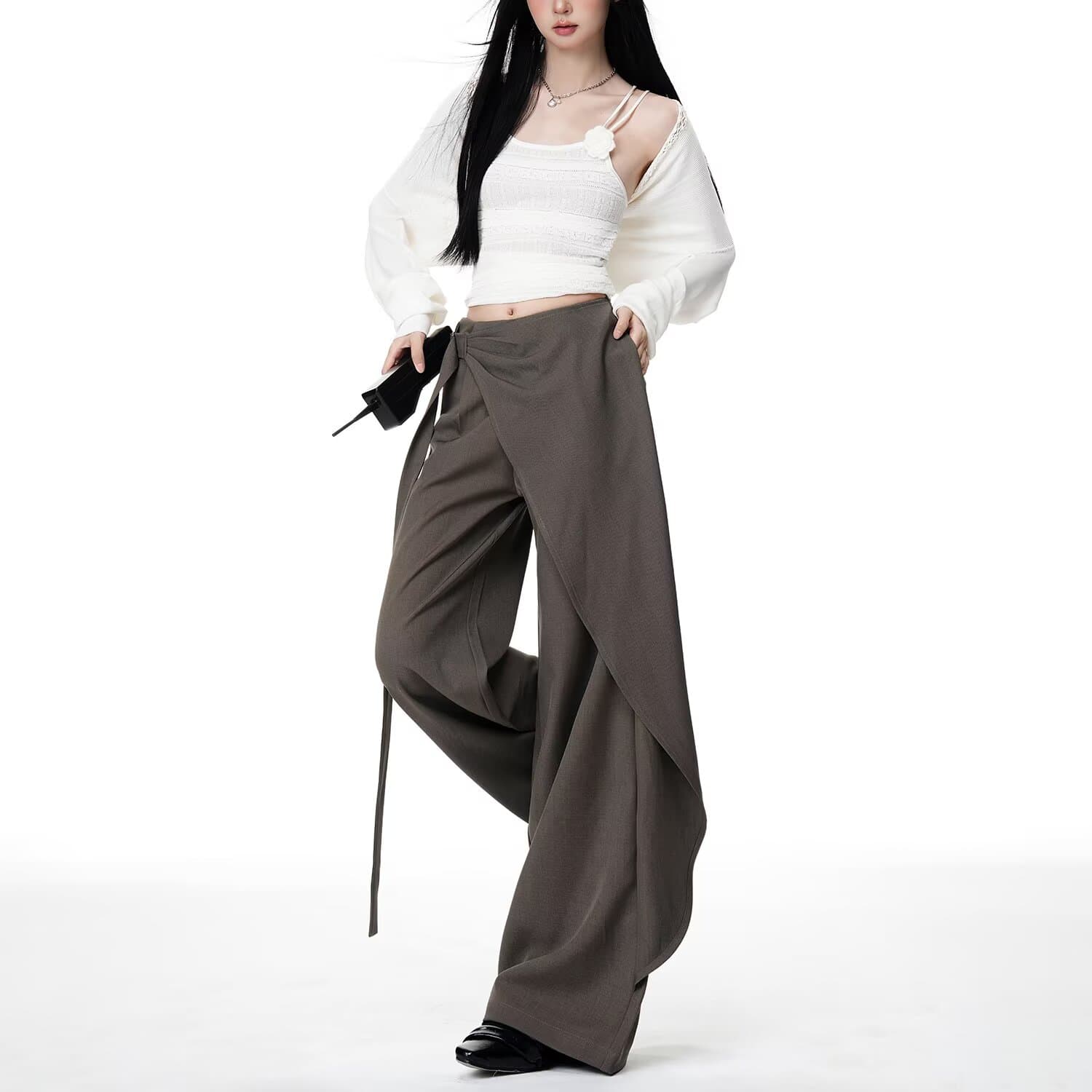 2026 년 봄 새로운 불규칙 리본 하이웨이스트 와이드 레깅스 바지 슬림해 보이는 도루 센스 디자인 센스 캐주얼 슬랙스 상세 이미지 20