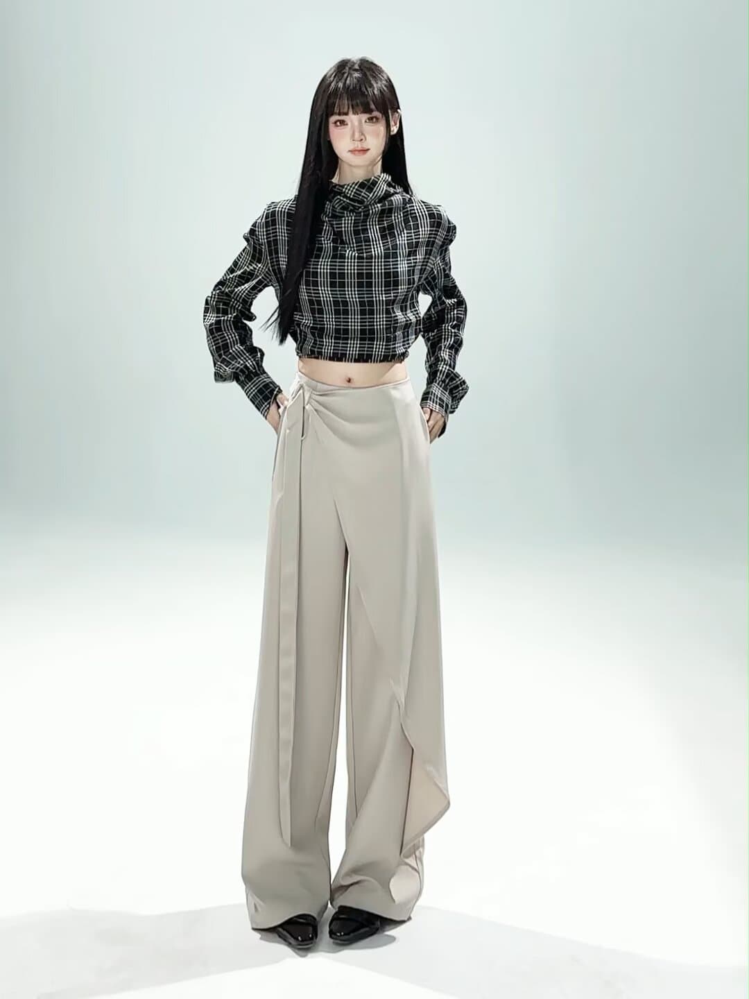2026 년 봄 새로운 불규칙 리본 하이웨이스트 와이드 레깅스 바지 슬림해 보이는 도루 센스 디자인 센스 캐주얼 슬랙스 상세 이미지 24