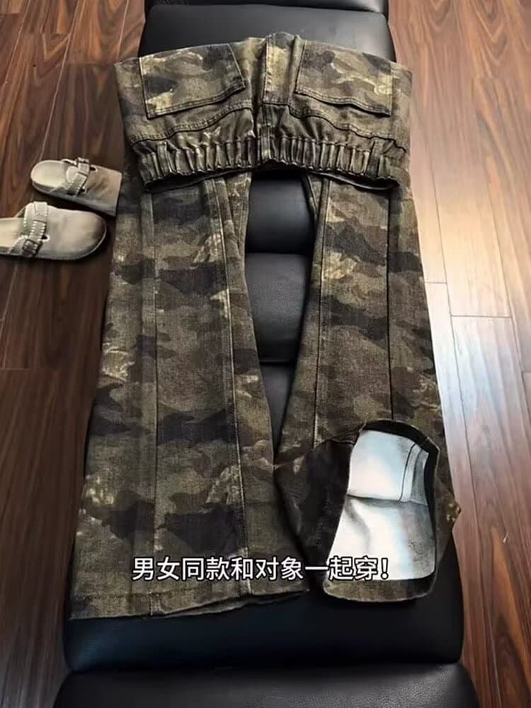 카모플라주 청바지 트렌드 레트로 항구 바람 새로운 여름 슬림해 보이는 디자인 센스 다용도 하이웨이스트 넓은 다리 길이 바지 상세 이미지 5