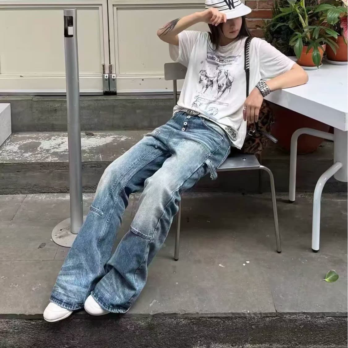 봄 여름 아메리칸 레트로 높음 거리 일상 캐주얼 패치워크 청바지 남자 워싱 다용도 도루 센스 롱 바지 상세 이미지 17